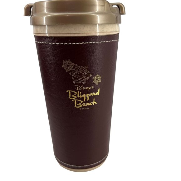 Disney Blizzard Beach Whirley Travel Tumbler Coffee Cup Faux Leather Brown - Picture 1 of 5